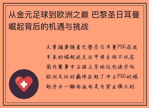 从金元足球到欧洲之巅 巴黎圣日耳曼崛起背后的机遇与挑战